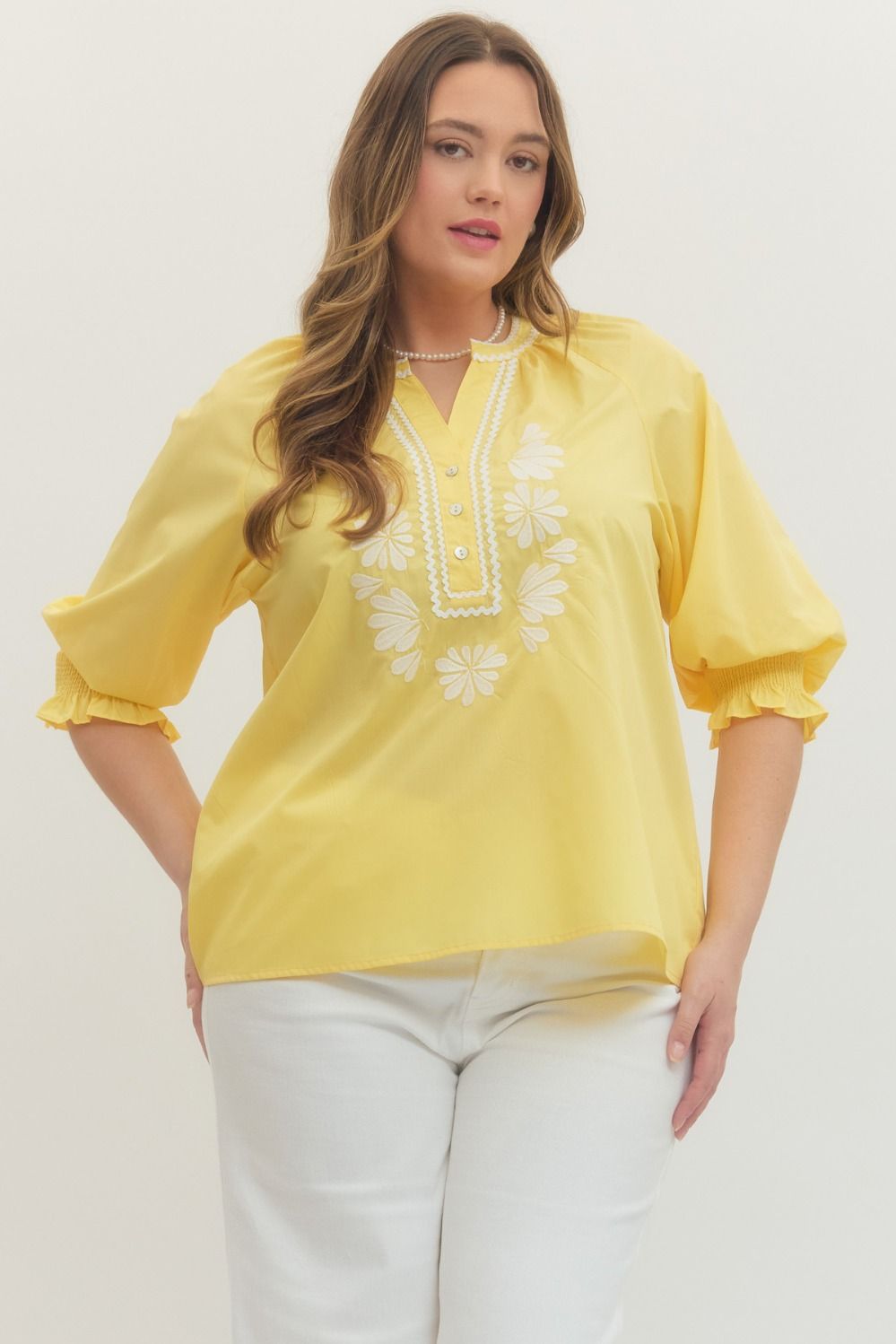 Entro Solid Top With Embroidered Neckline In Lemon PLUS Size