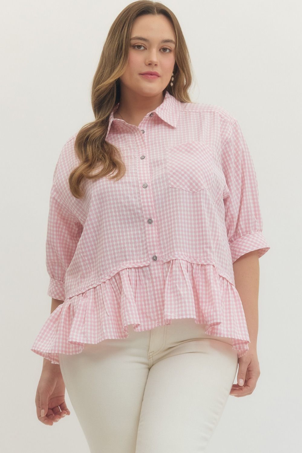 Entro Gingham Check 3/4 Sleeve Button Down In Pink PLUS Size *COMING SOON*