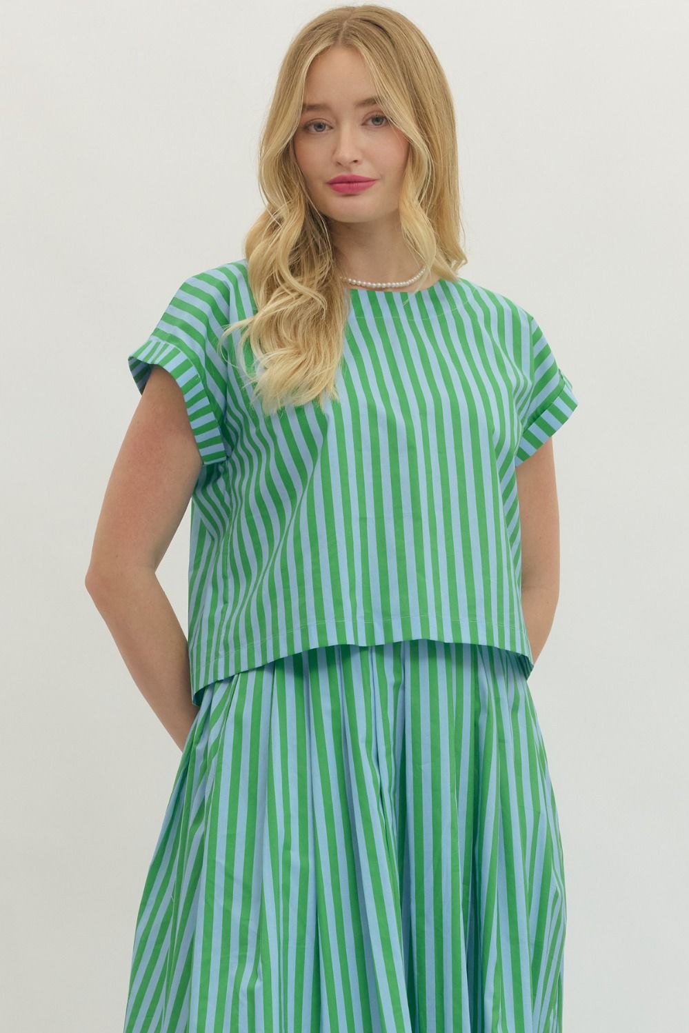 ENTRO Striped Short Sleeve Top With Back Button Detail In Green Sky