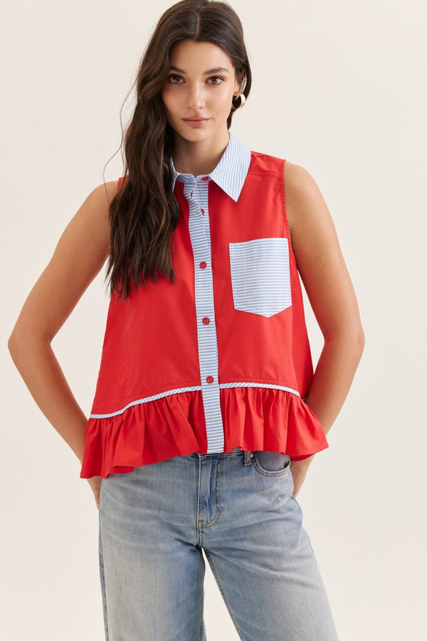ENTRO Solid Sleeveless Top With Contrast Stripe Trim And Ruffle Hem In Red