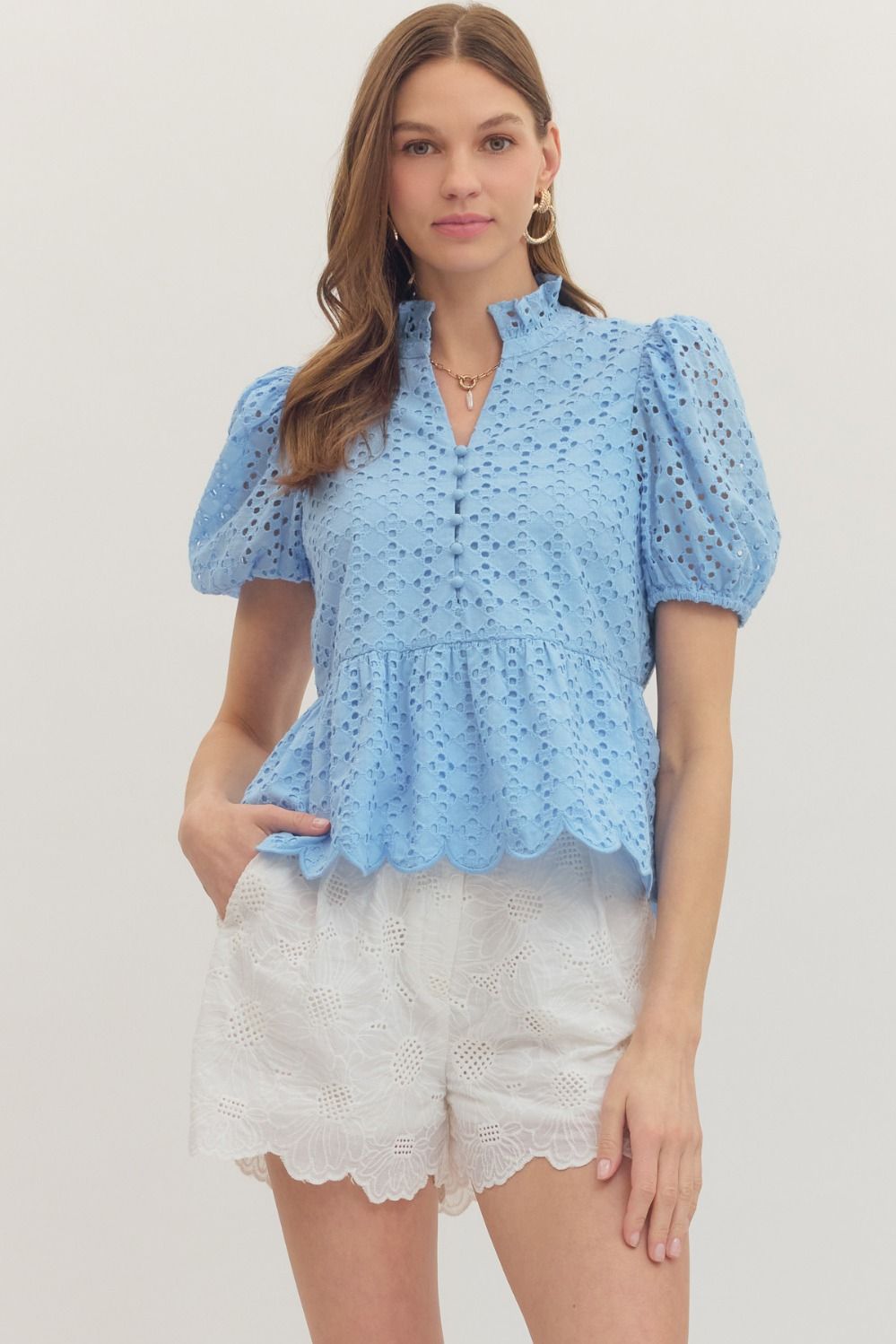 ENTRO Short Puff Sleeve Eyelet Top In Blue