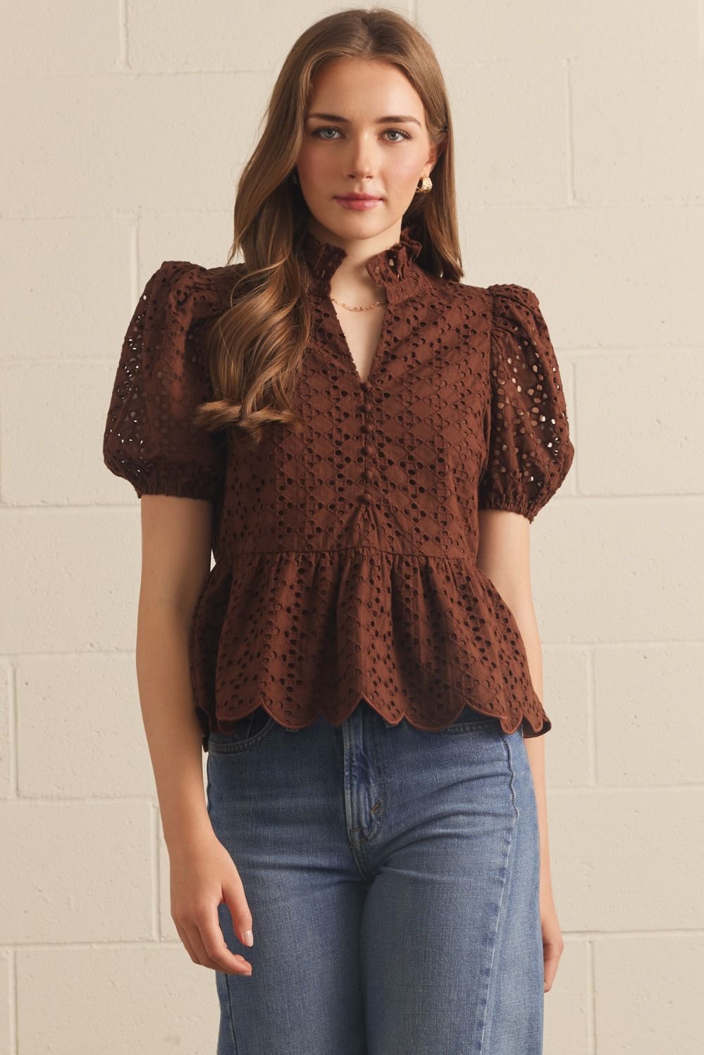 ENTRO Short Puff Sleeve Eyelet Top In Brown *COMING SOON*