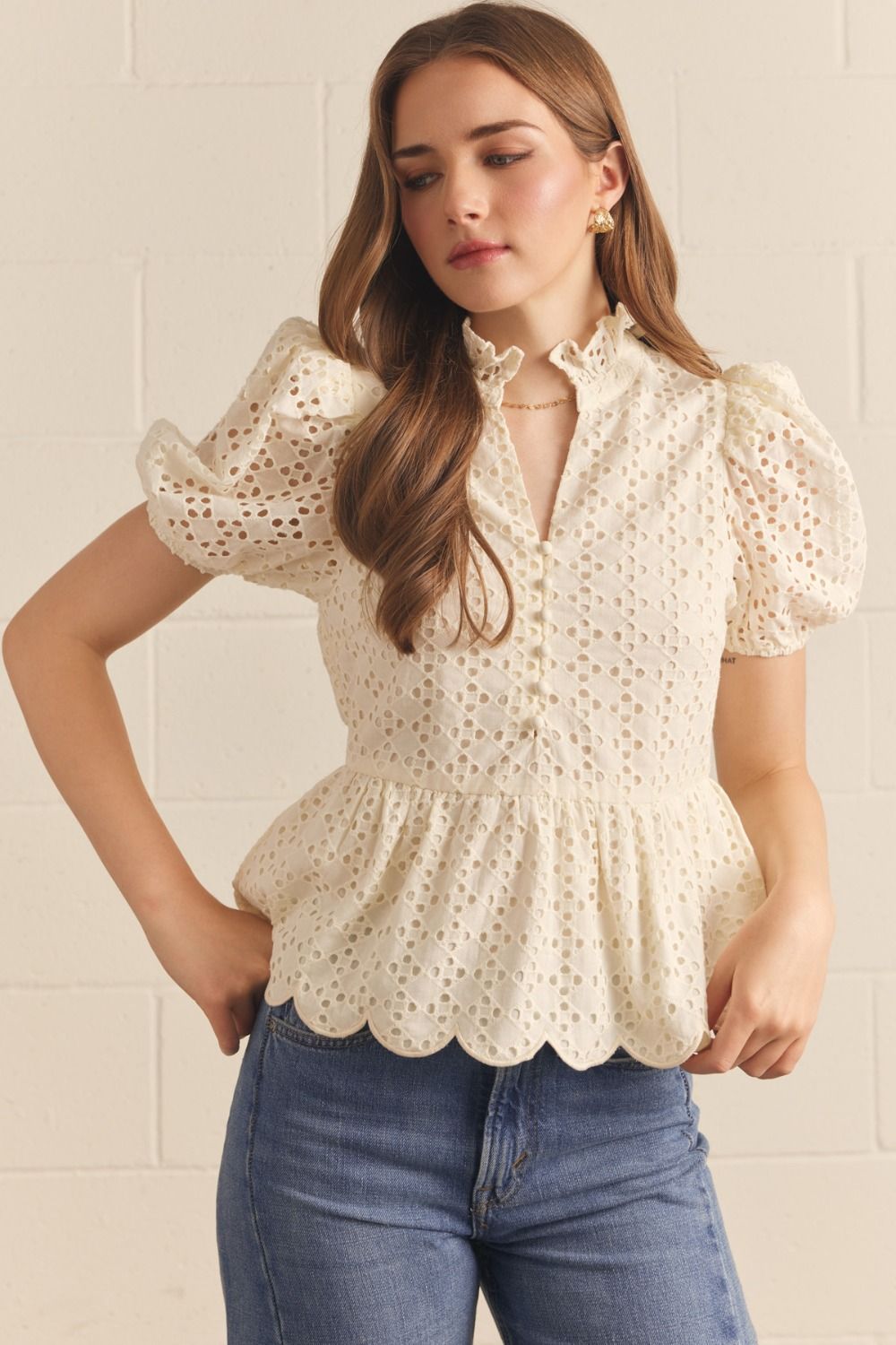ENTRO Short Puff Sleeve Eyelet Top In Cream *COMING SOON*