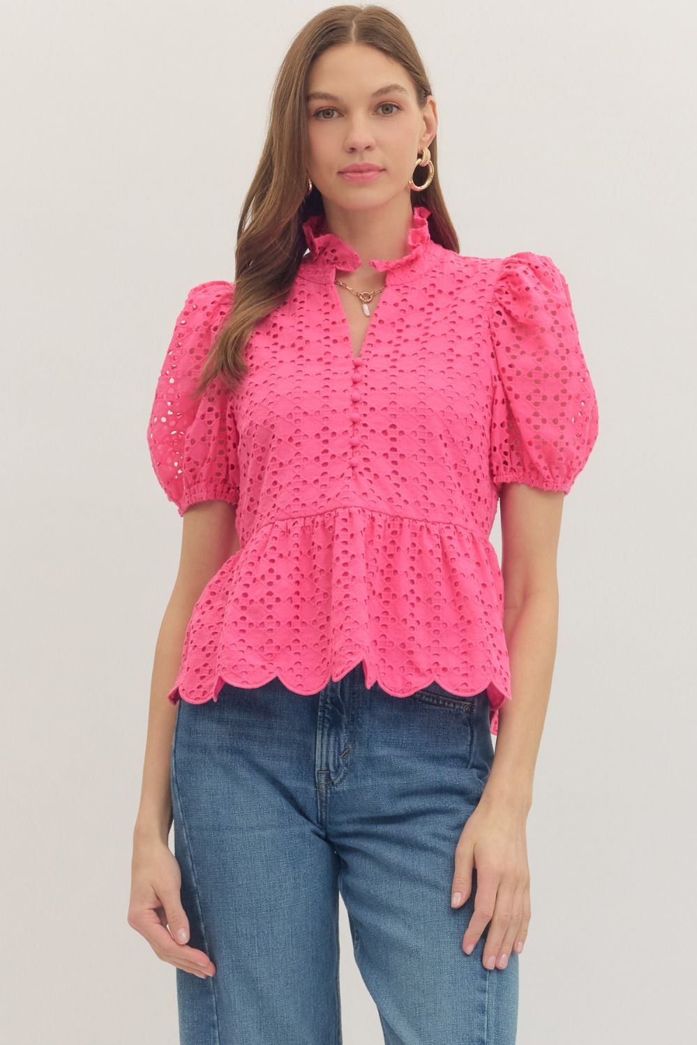 ENTRO Short Puff Sleeve Eyelet Top In Hot Pink