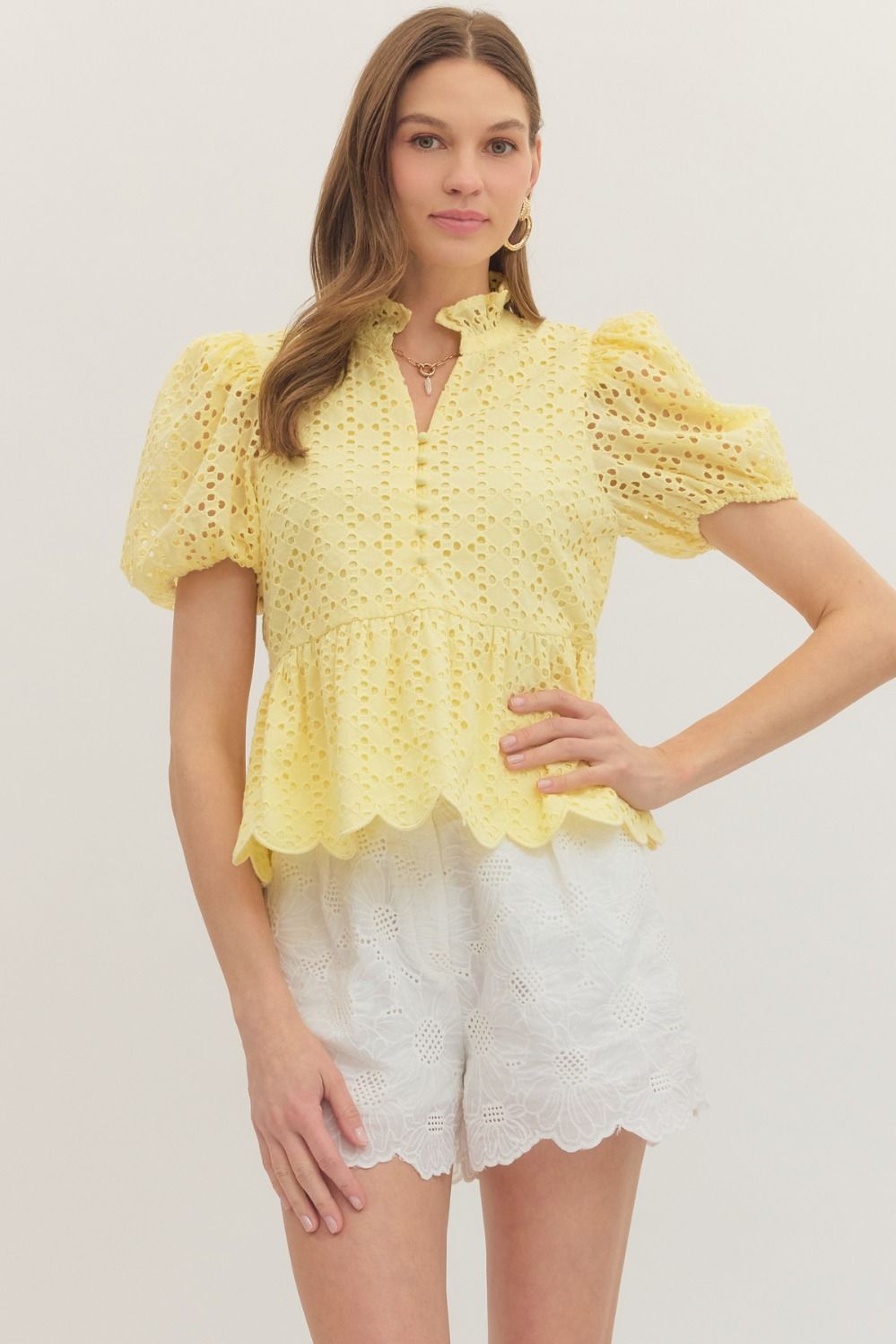 ENTRO Short Puff Sleeve Eyelet Top In Lemon