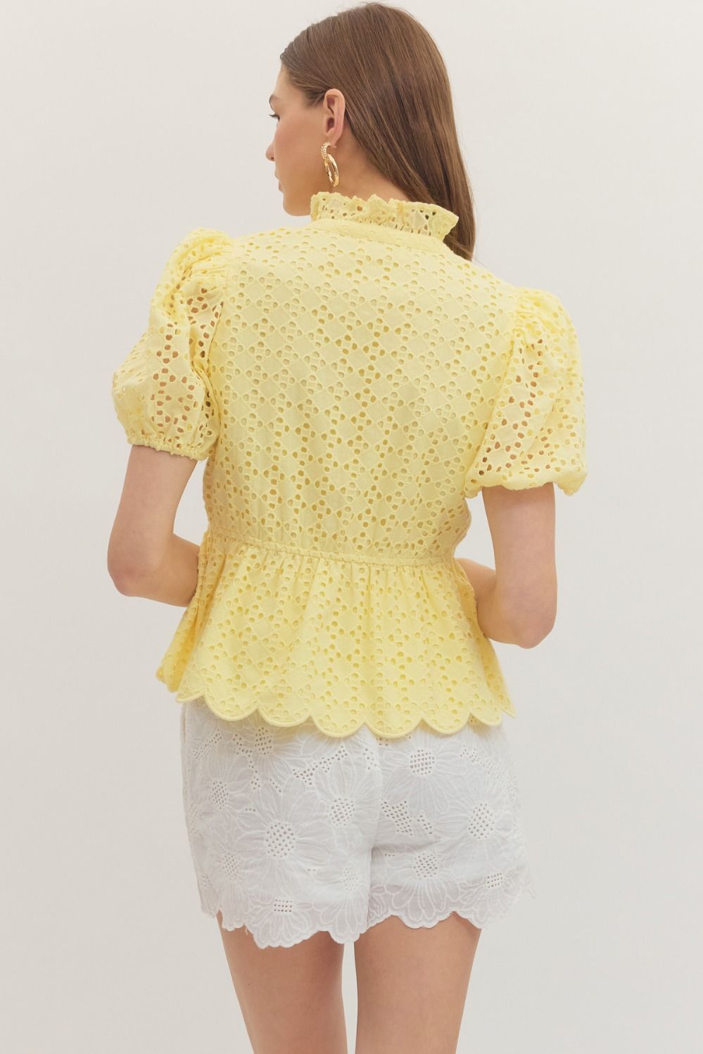 ENTRO Short Puff Sleeve Eyelet Top In Lemon