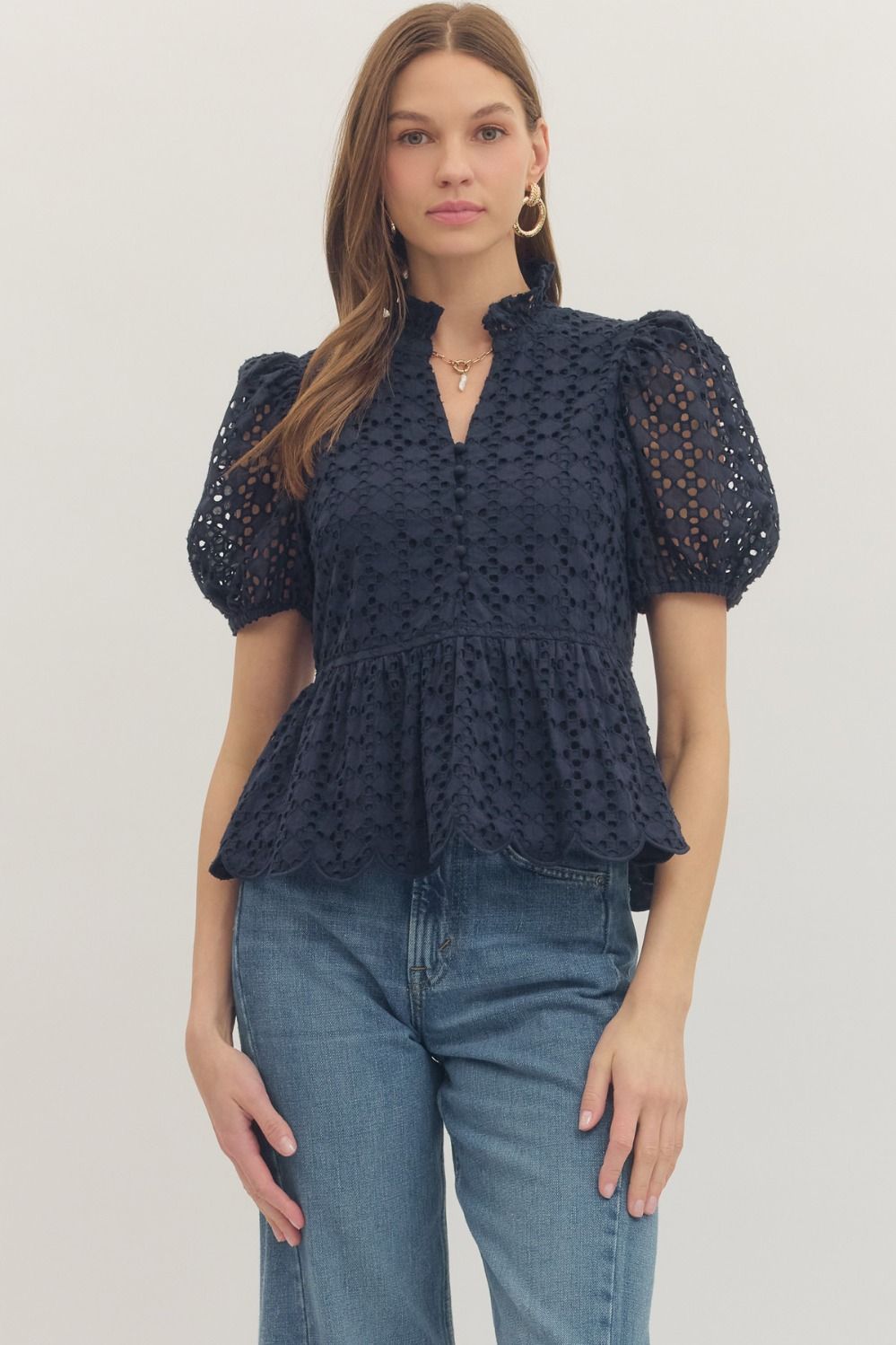 ENTRO Short Puff Sleeve Eyelet Top In Navy