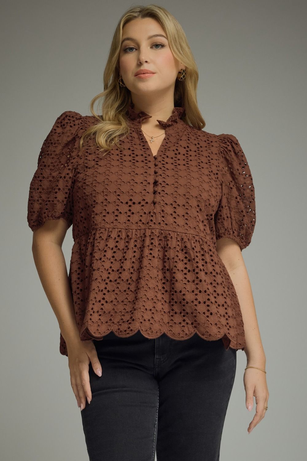 ENTRO Short Puff Sleeve Eyelet Top In Brown PLUS Size