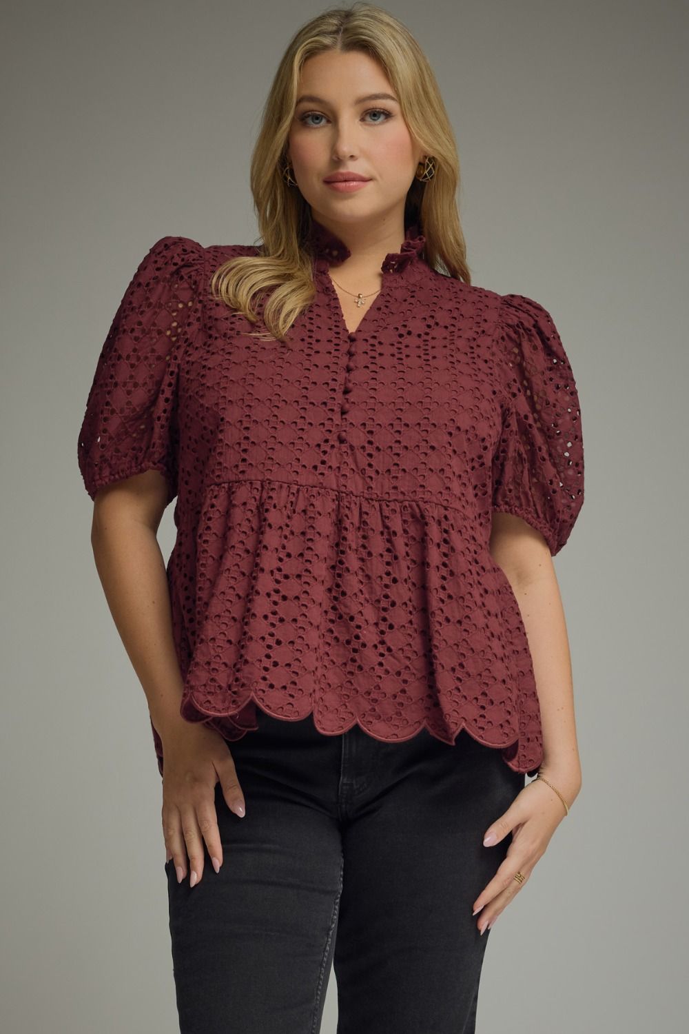 ENTRO Short Puff Sleeve Eyelet Top In Burgundy PLUS Size
