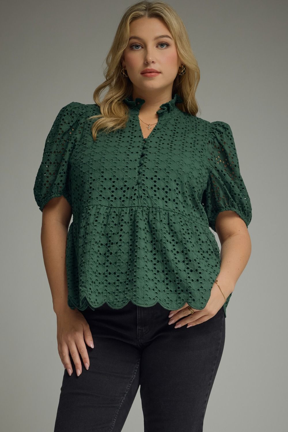 ENTRO Short Puff Sleeve Eyelet Top In Hunter Green PLUS Size