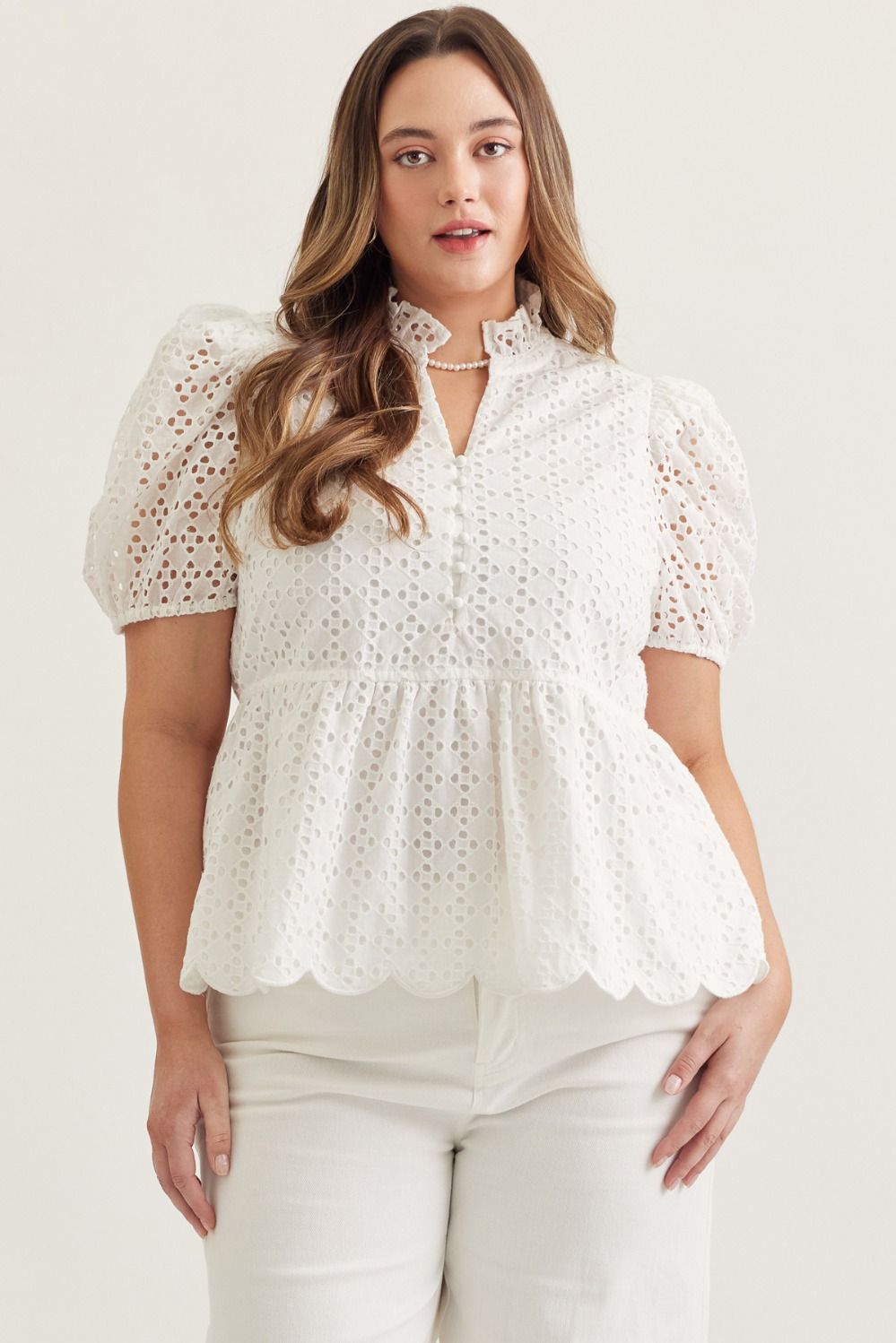 ENTRO Short Puff Sleeve Eyelet Top In Off White PLUS Size