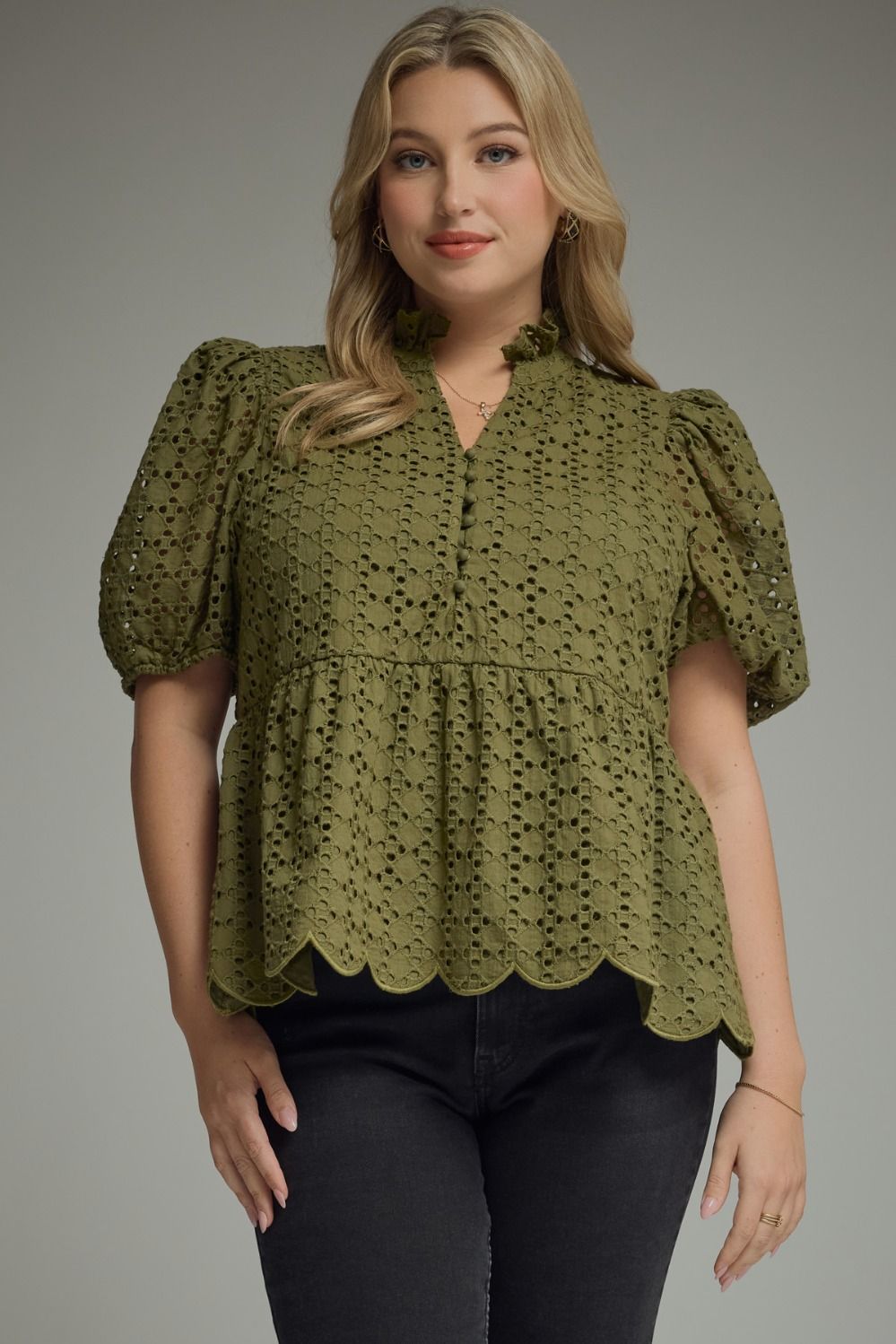 ENTRO Short Puff Sleeve Eyelet Top In Olive PLUS Size