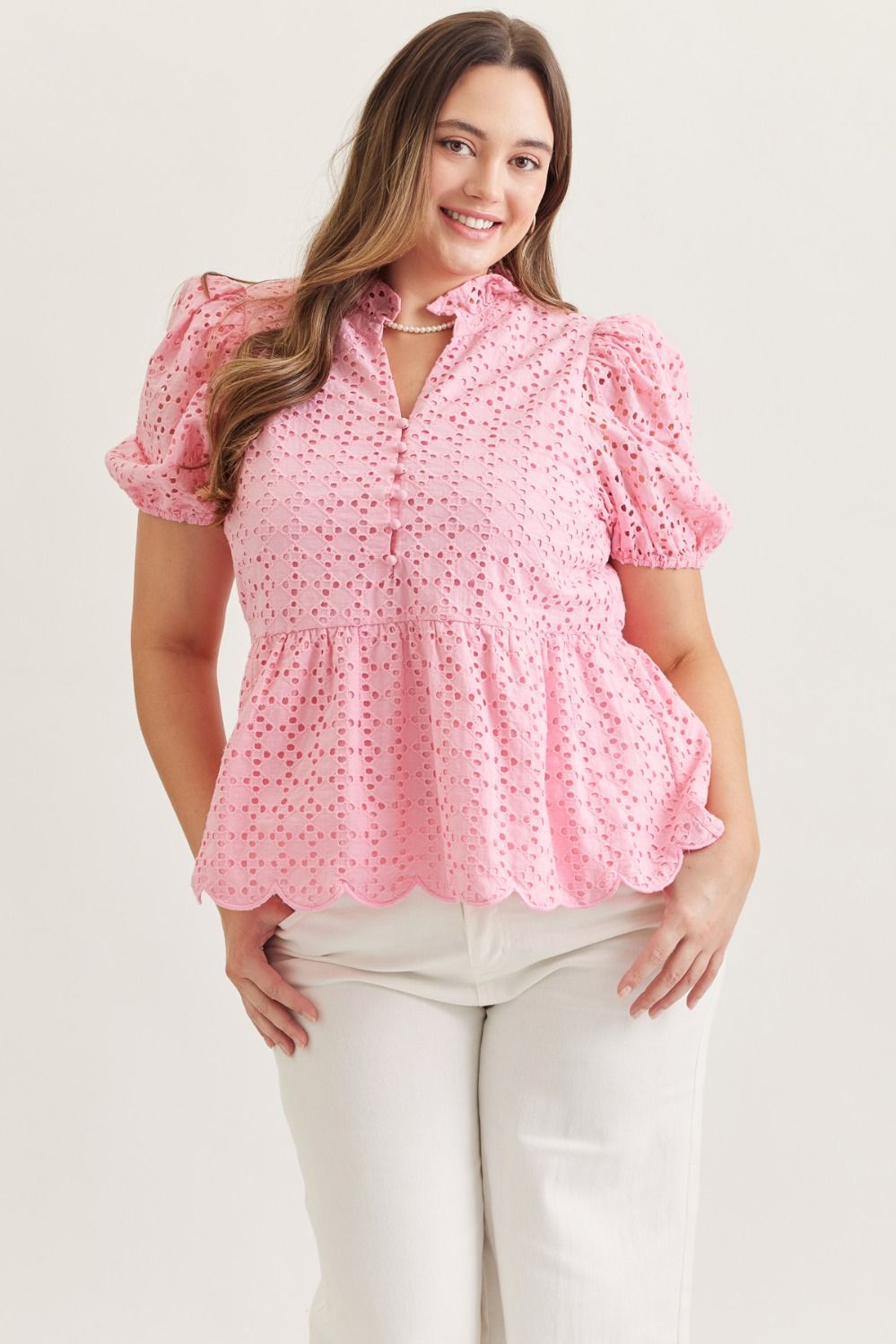 ENTRO Short Puff Sleeve Eyelet Top In Pink PLUS Size