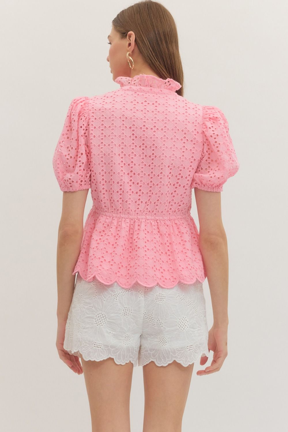 ENTRO Short Puff Sleeve Eyelet Top In Pink