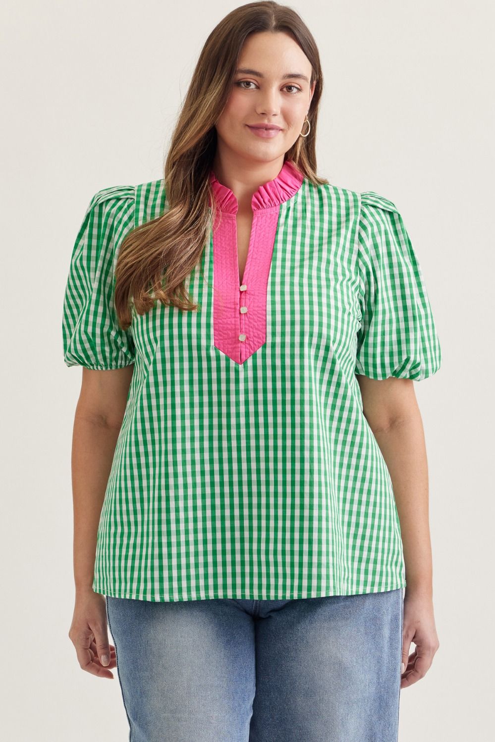ENTRO Gingham Short Puff Sleeve Top With Contrast Detail in Green PLUS Sizes