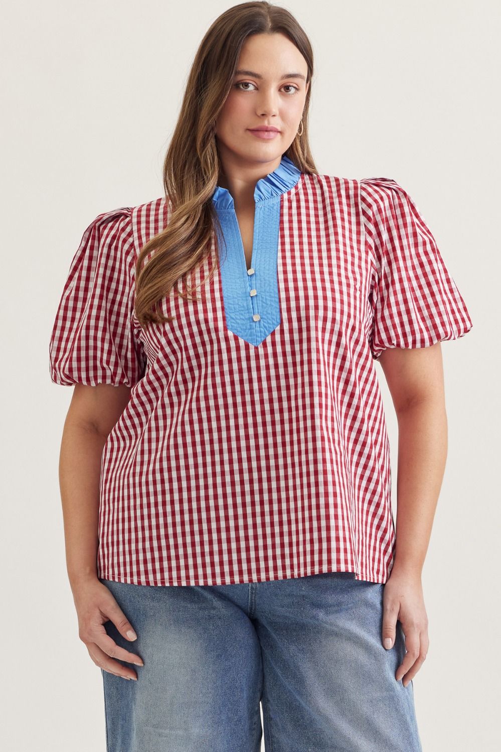 ENTRO Gingham Short Puff Sleeve Top With Contrast Detail in Red PLUS Sizes