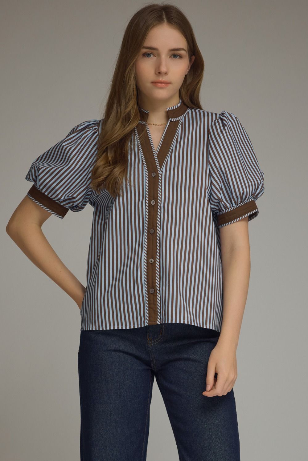 ENTRO Stripe Puff Sleeve Top With Contrast Trim In Blue Brown