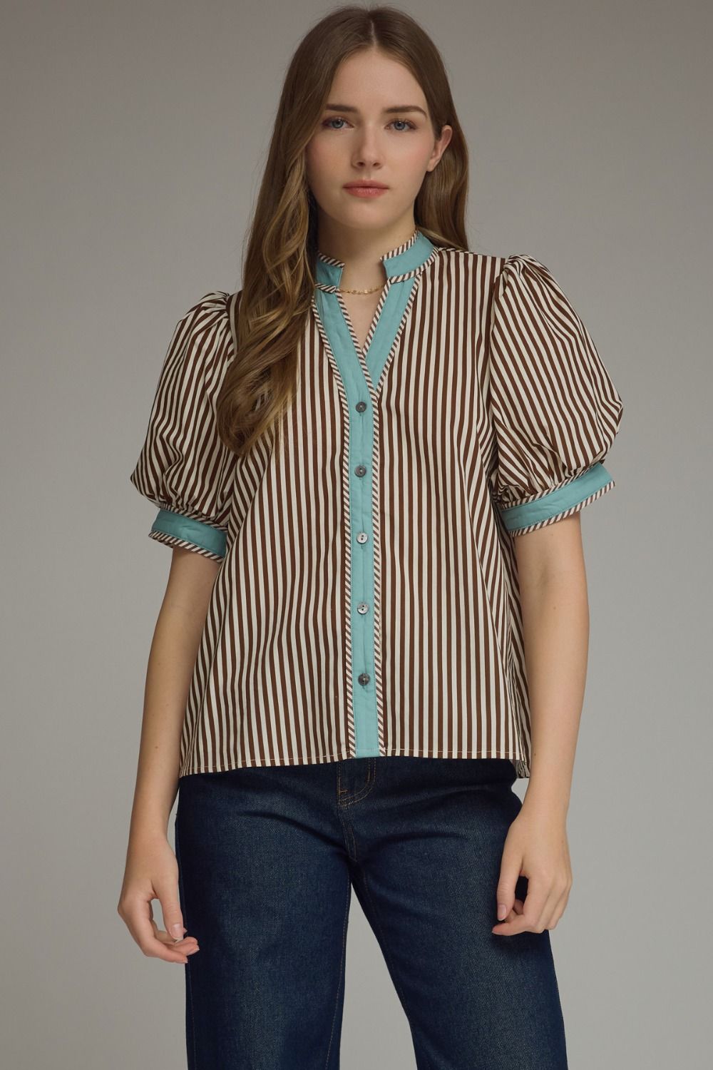 ENTRO Stripe Puff Sleeve Top With Contrast Trim In Brown