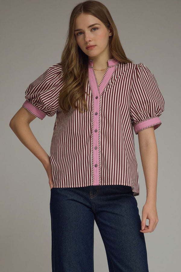 ENTRO Stripe Puff Sleeve Top With Contrast Trim In Burgundy