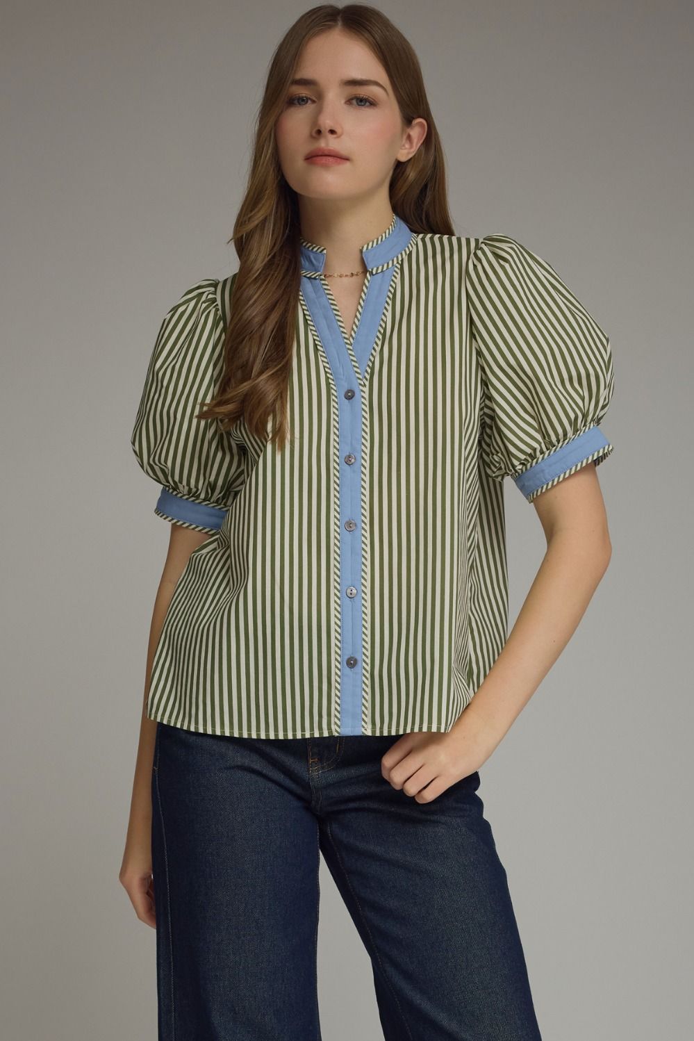 ENTRO Stripe Puff Sleeve Top With Contrast Trim In Olive
