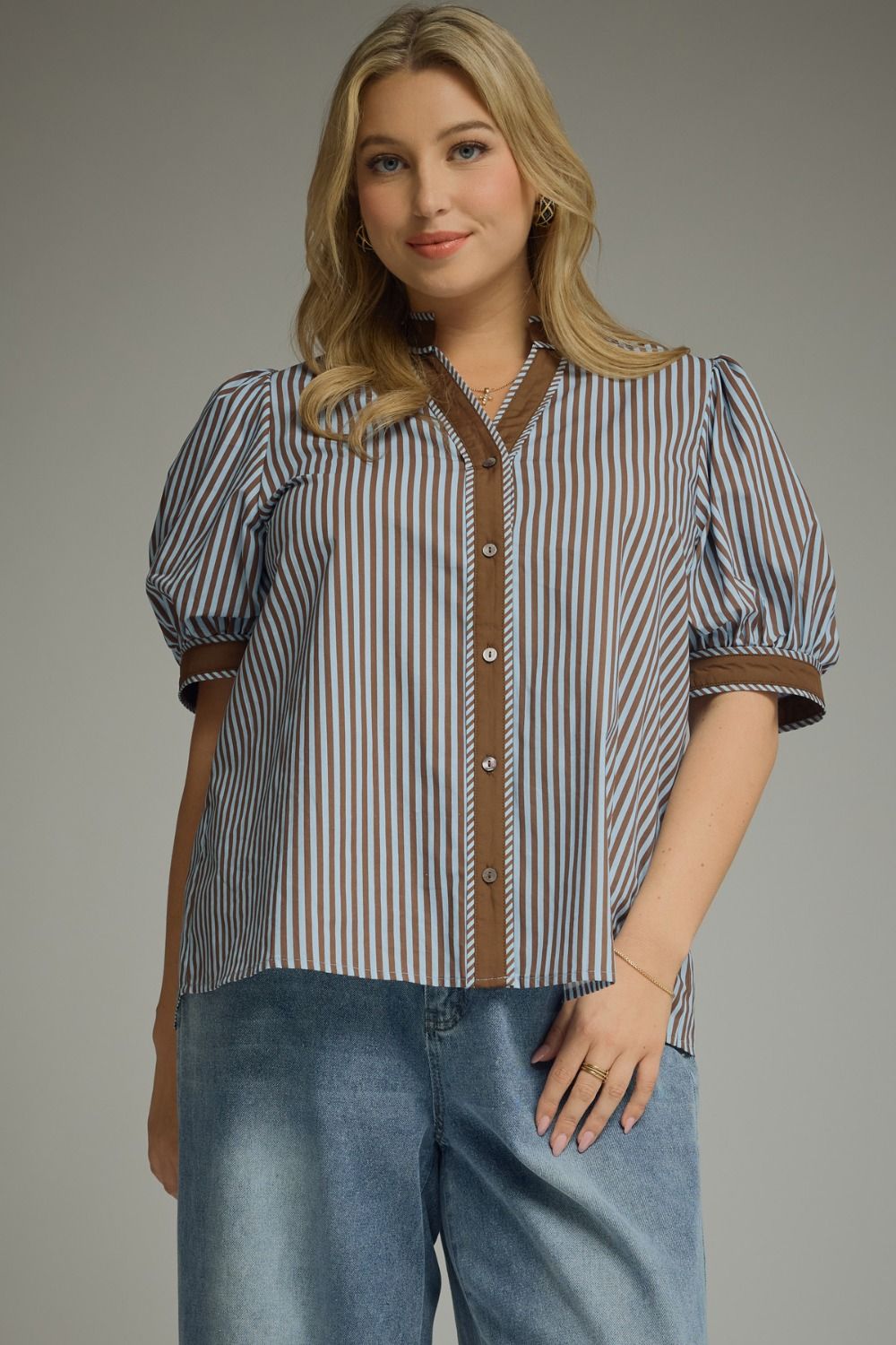 ENTRO Stripe Short Sleeve Top In Blue Brown PLUS Sizes