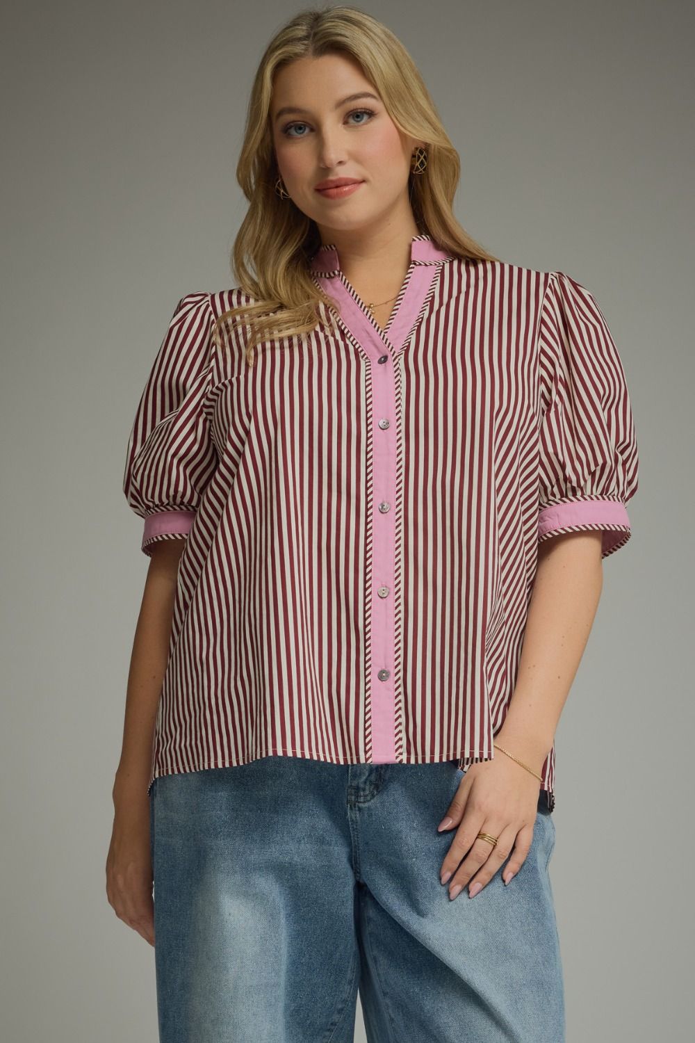 ENTRO Stripe Short Sleeve Top In Burgundy PLUS Sizes