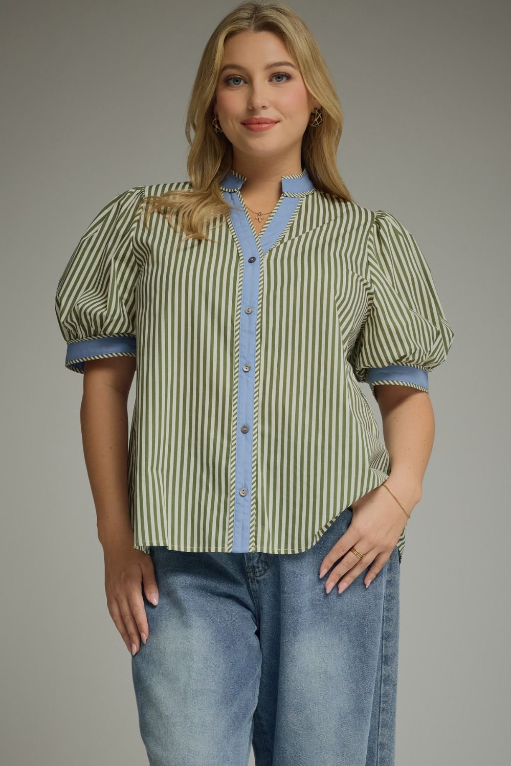ENTRO Stripe Short Sleeve Top In Olive PLUS Sizes