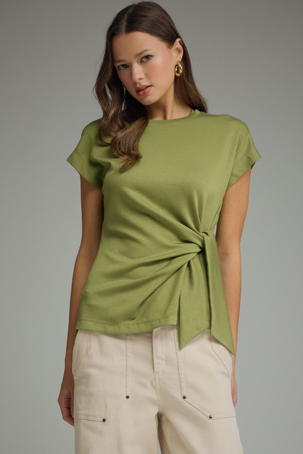ENTRO Solid Short Sleeve Top With Side Tie In Light Olive *COMING SOON*