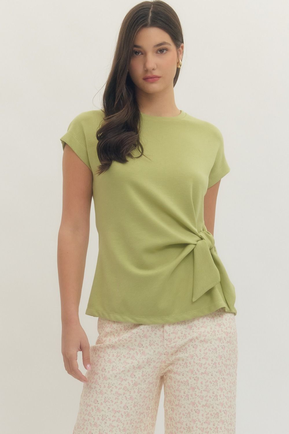 ENTRO Solid Short Sleeve Top With Side Tie In Matcha