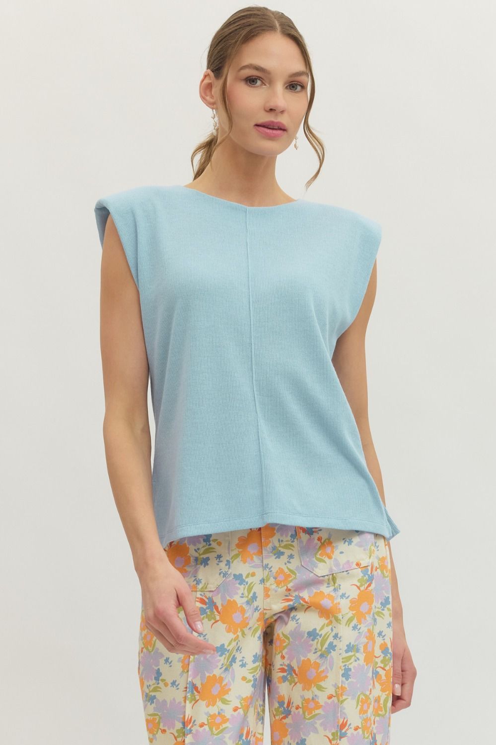 ENTRO Solid Cap Sleeve Sleeveless Top In Light Blue