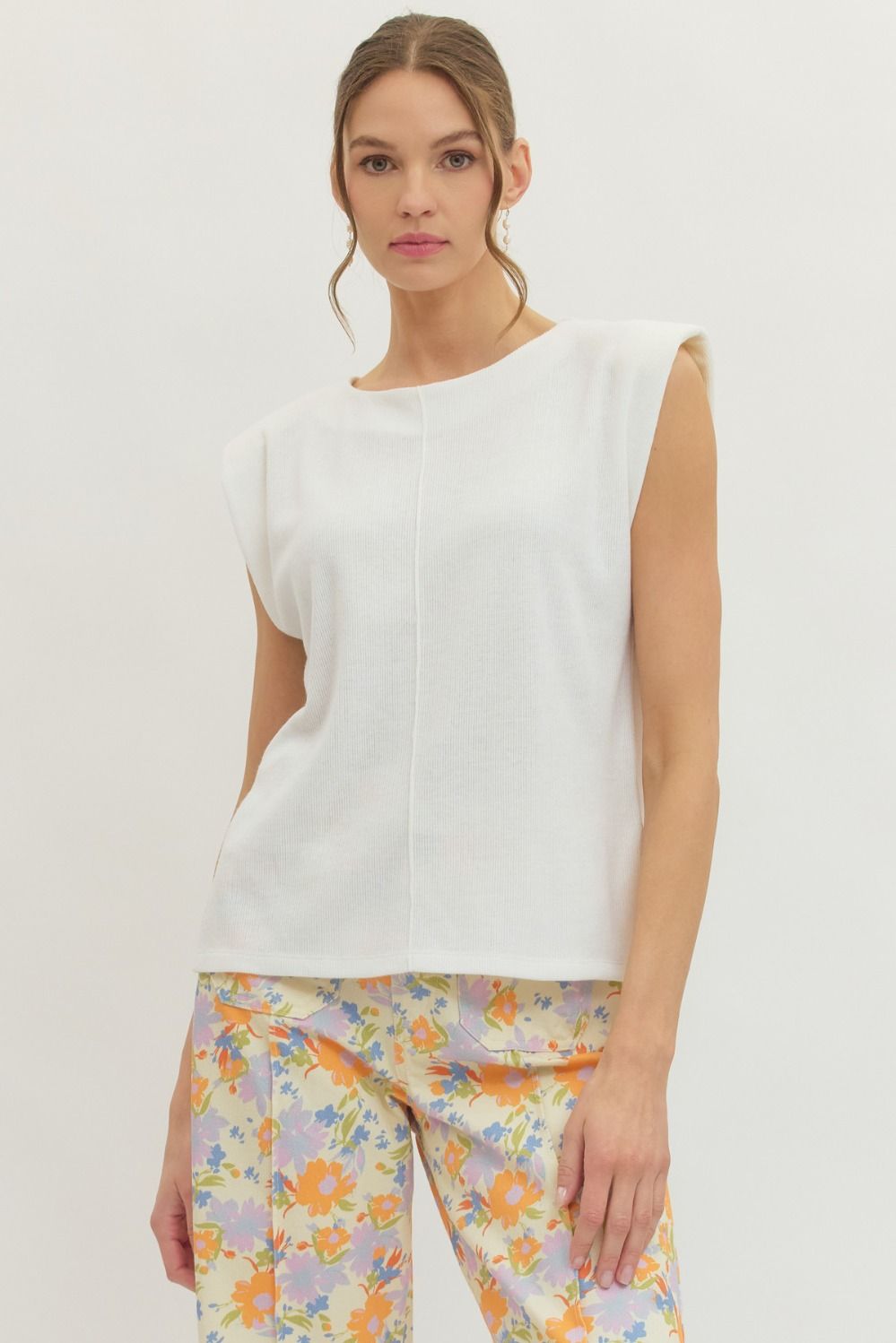 ENTRO Solid Cap Sleeve Sleeveless Top In Off White