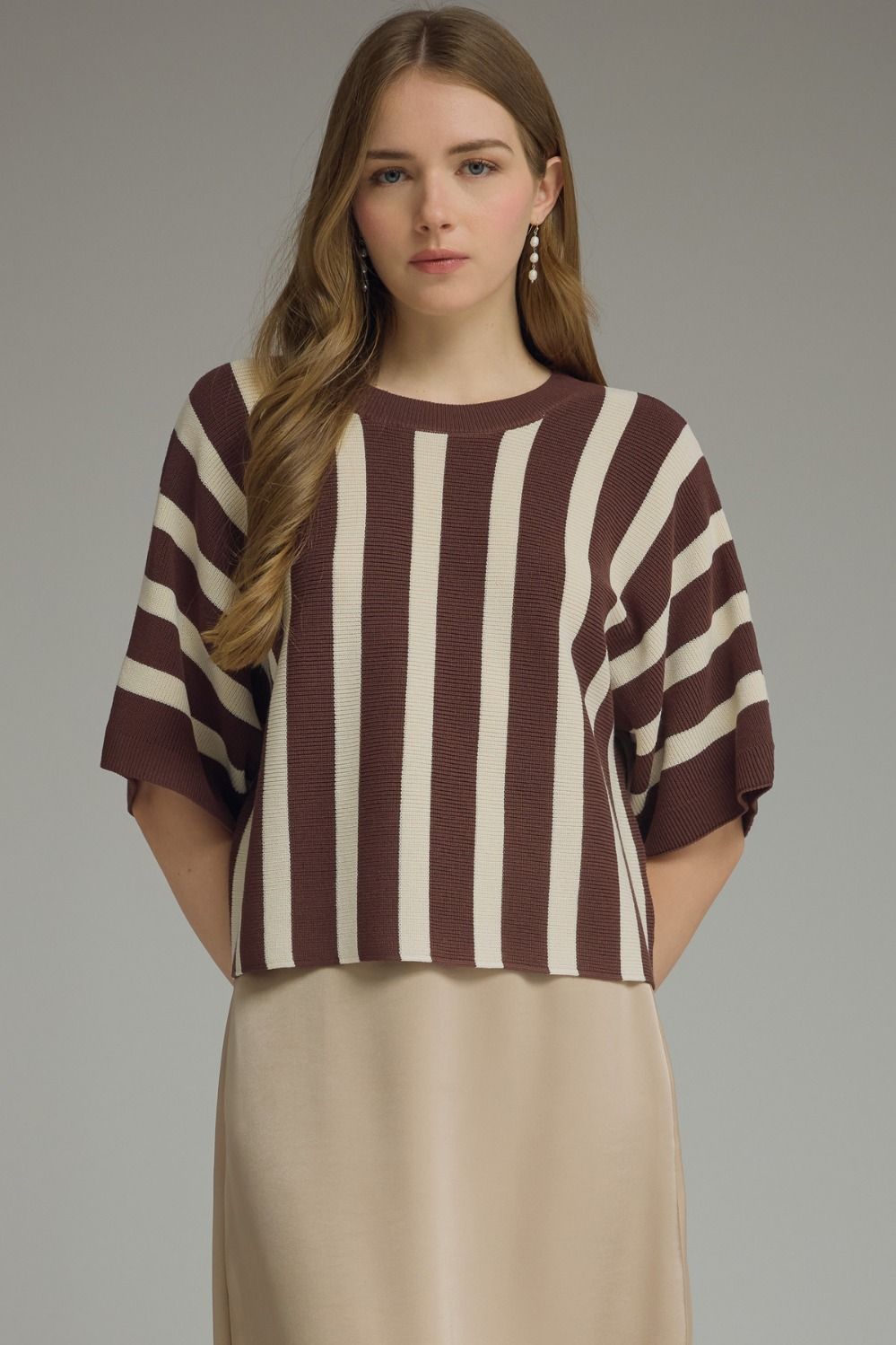 ENTRO Striped Ribbed Short Sleeve Dolman Top In Brown *COMING SOON*