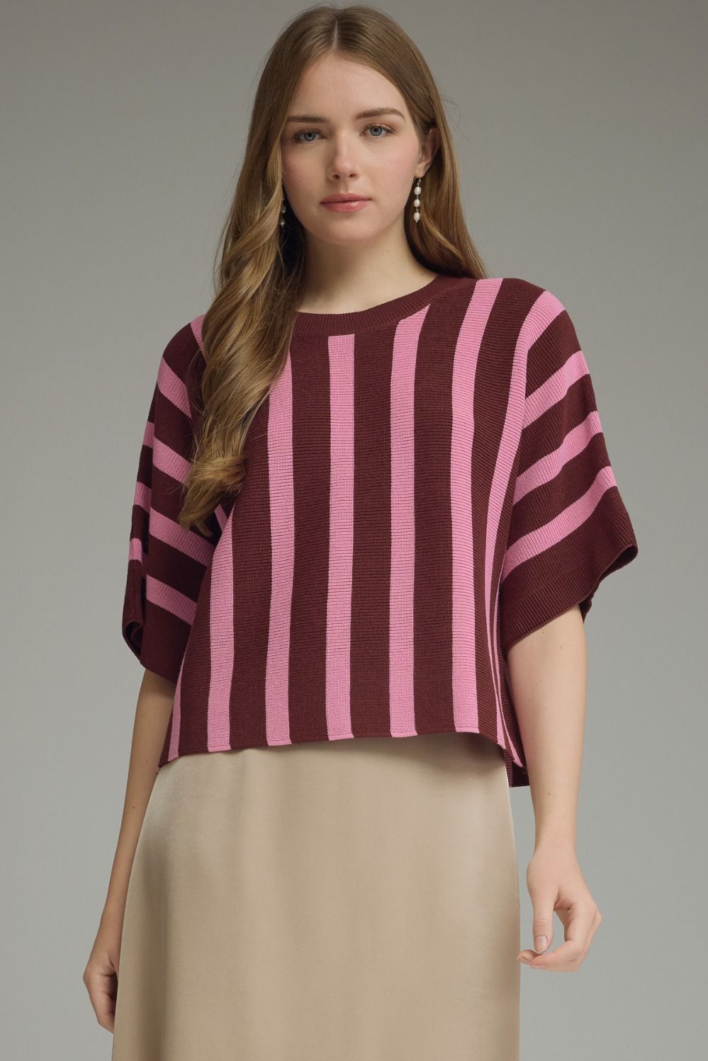 ENTRO Striped Ribbed Short Sleeve Dolman Top In Burgundy *COMING SOON*