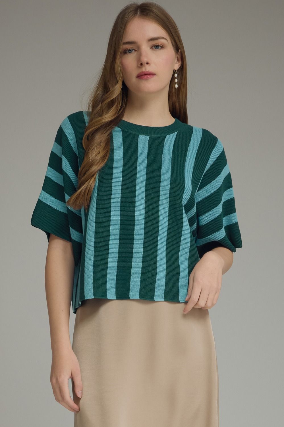 ENTRO Striped Ribbed Short Sleeve Dolman Top In Hunter Green *COMING SOON*