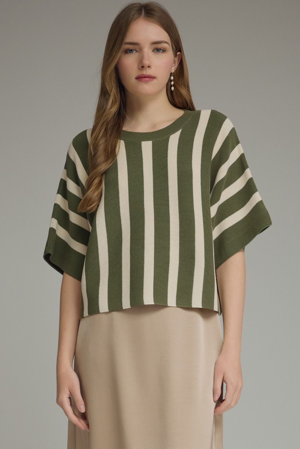 ENTRO Striped Ribbed Short Sleeve Dolman Top In Olive *COMING SOON*