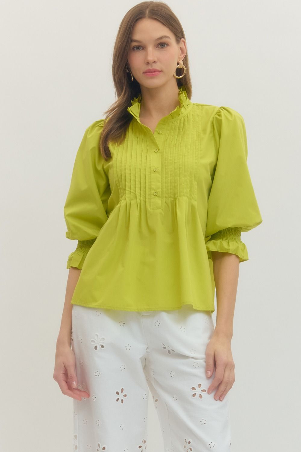 ENTRO Solid 3/4 Sleeve Top With Pleated Panel Front In Chartreuse