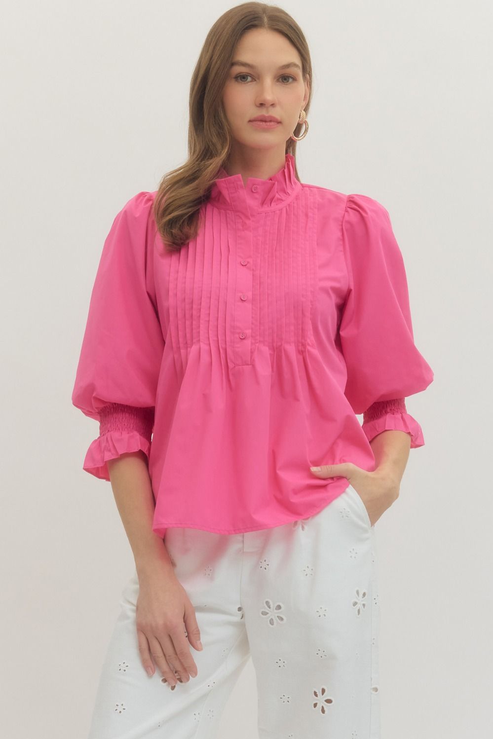 Entro Solid 3/4 Sleeve Top With Pleated Panel Front In Hot Pink *COMING SOON*