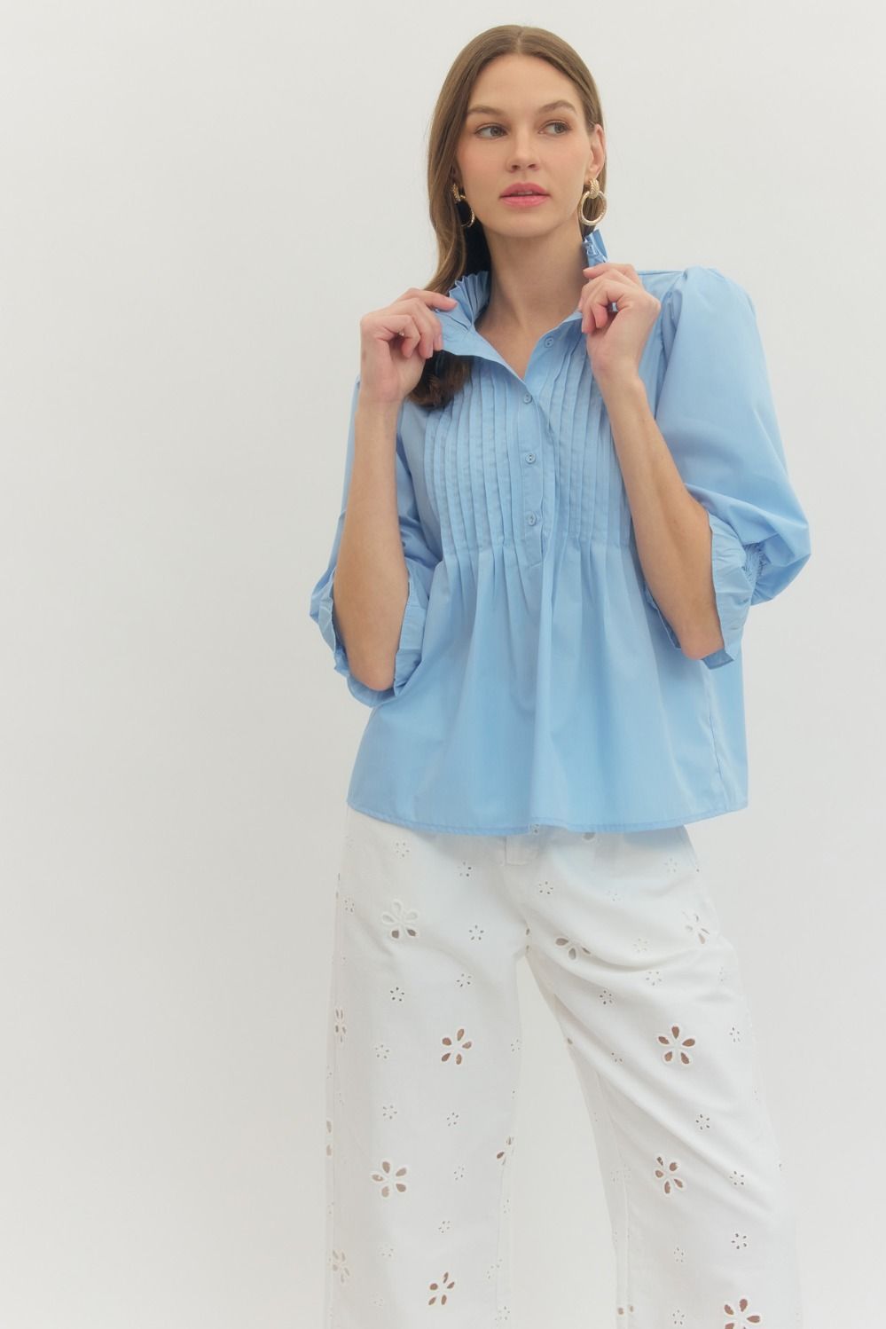 ENTRO Solid 3/4 Sleeve Top With Pleated Panel Front In Light Blue