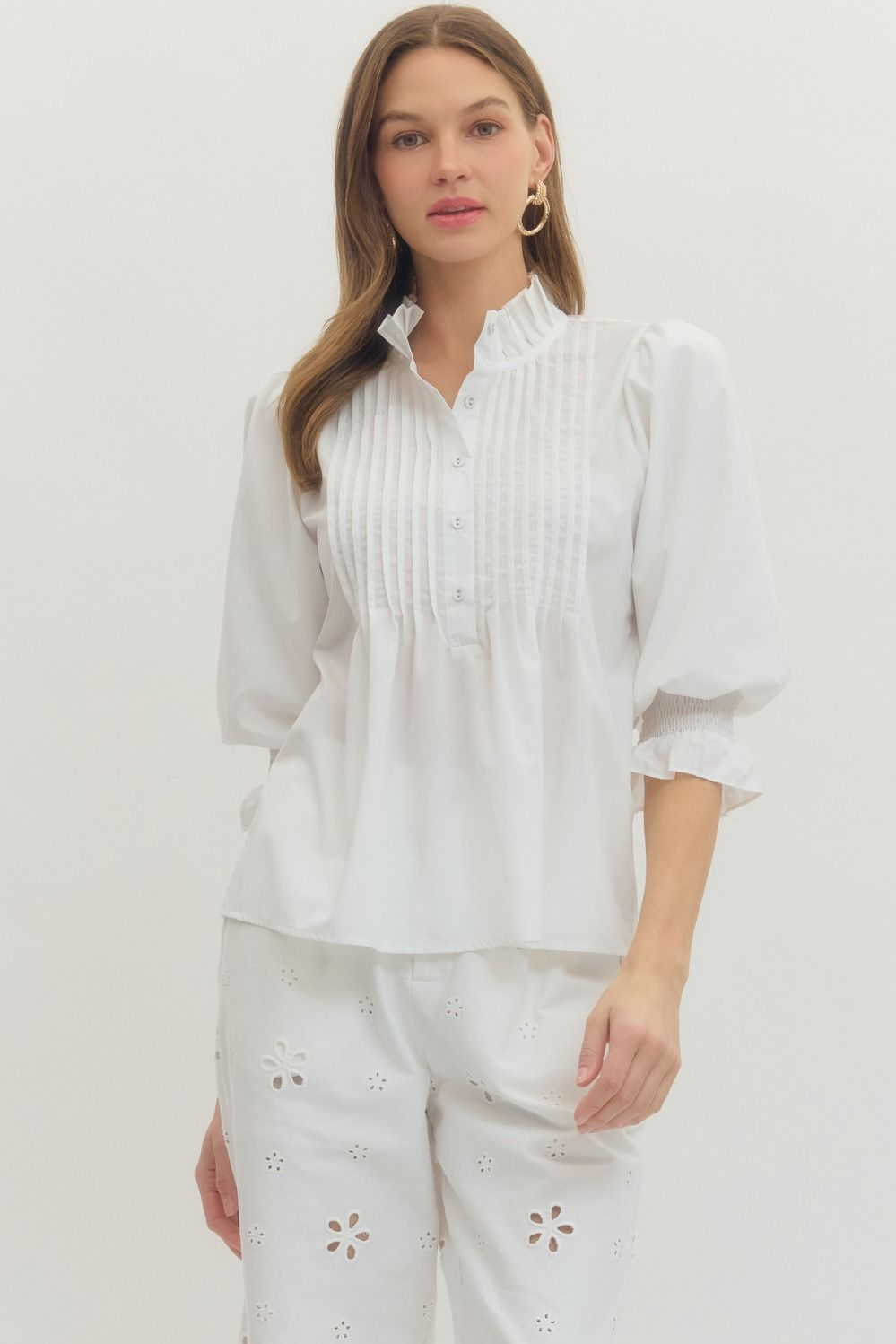 ENTRO Solid 3/4 Sleeve Top With Pleated Panel Front In Off White