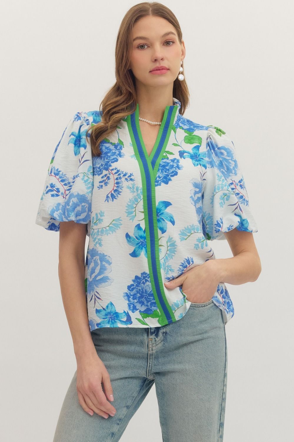 Entro Botanical Print Short Sleeve Top With Contract Binding In Blue