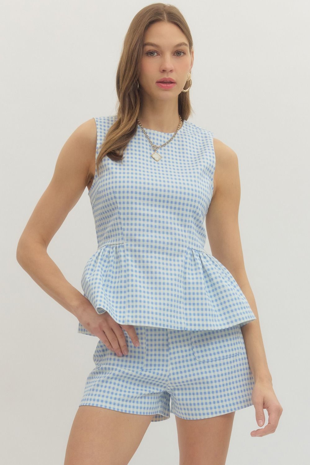 ENTRO Gingham Peplum Top In Light Blue