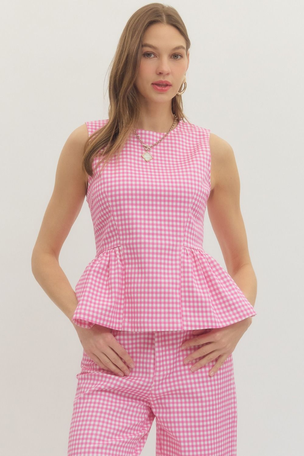 ENTRO Gingham Peplum Top In Pink