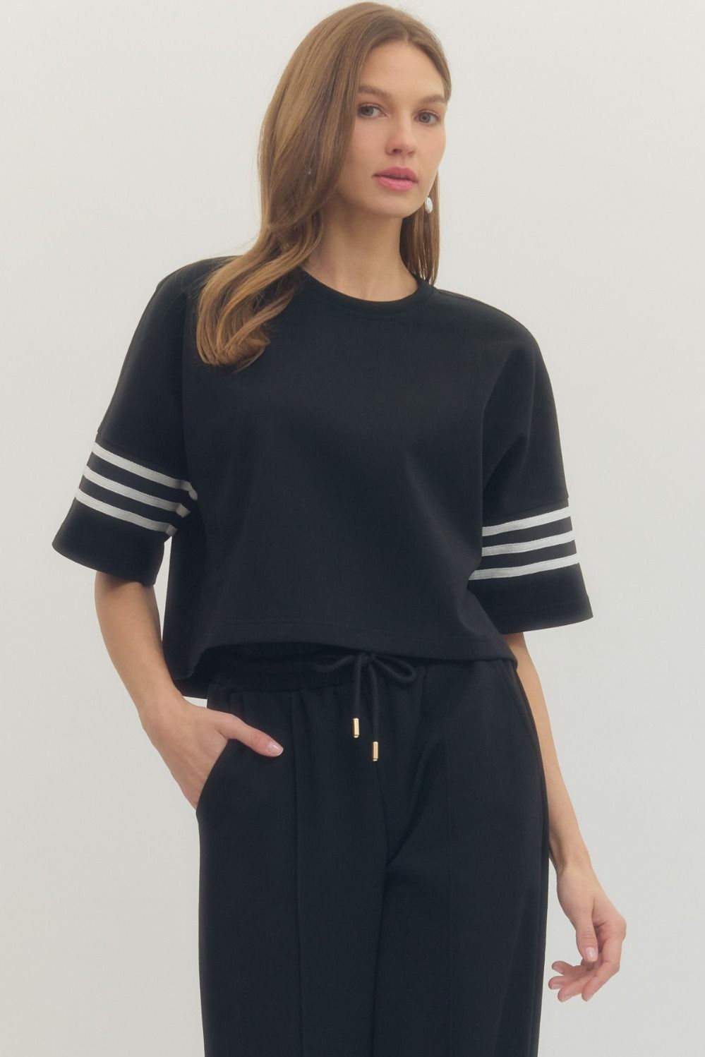 Entro Solid Short Sleeve Top With Contrast Stripe In Black *COMING SOON*