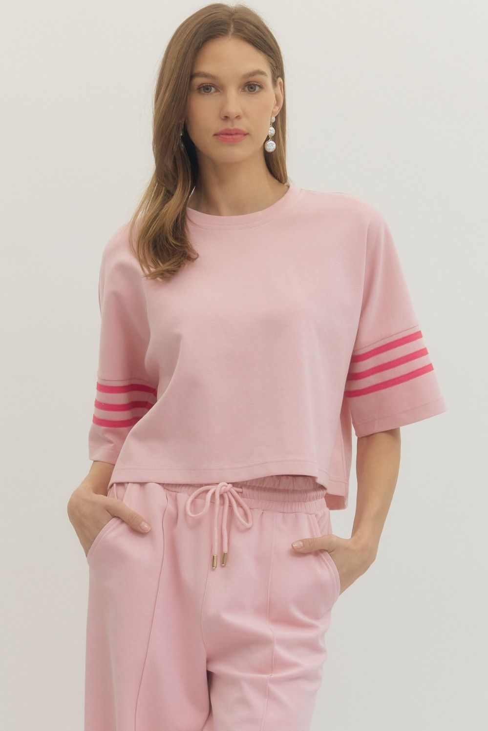 ENTRO Solid Short Sleeve Top With Contrast Stripe In Pink