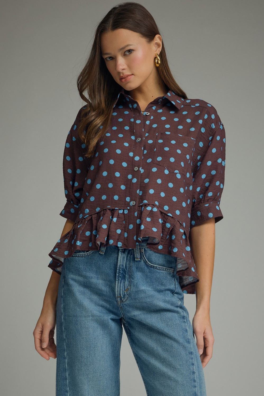 ENTRO Polka Dot Ruffle Hem Top In Brown