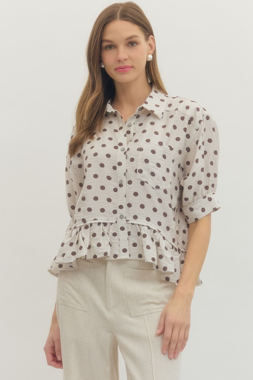 ENTRO Polka Dot Short Sleeve Ruffle Hem Top In Cream