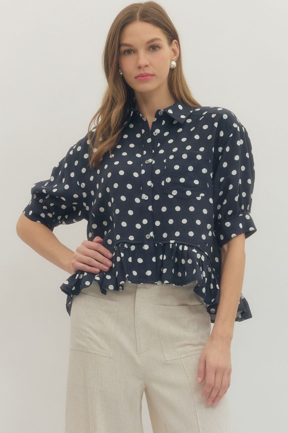 ENTRO Polka Dot Short Sleeve Ruffle Hem Top In Navy PLUS Size