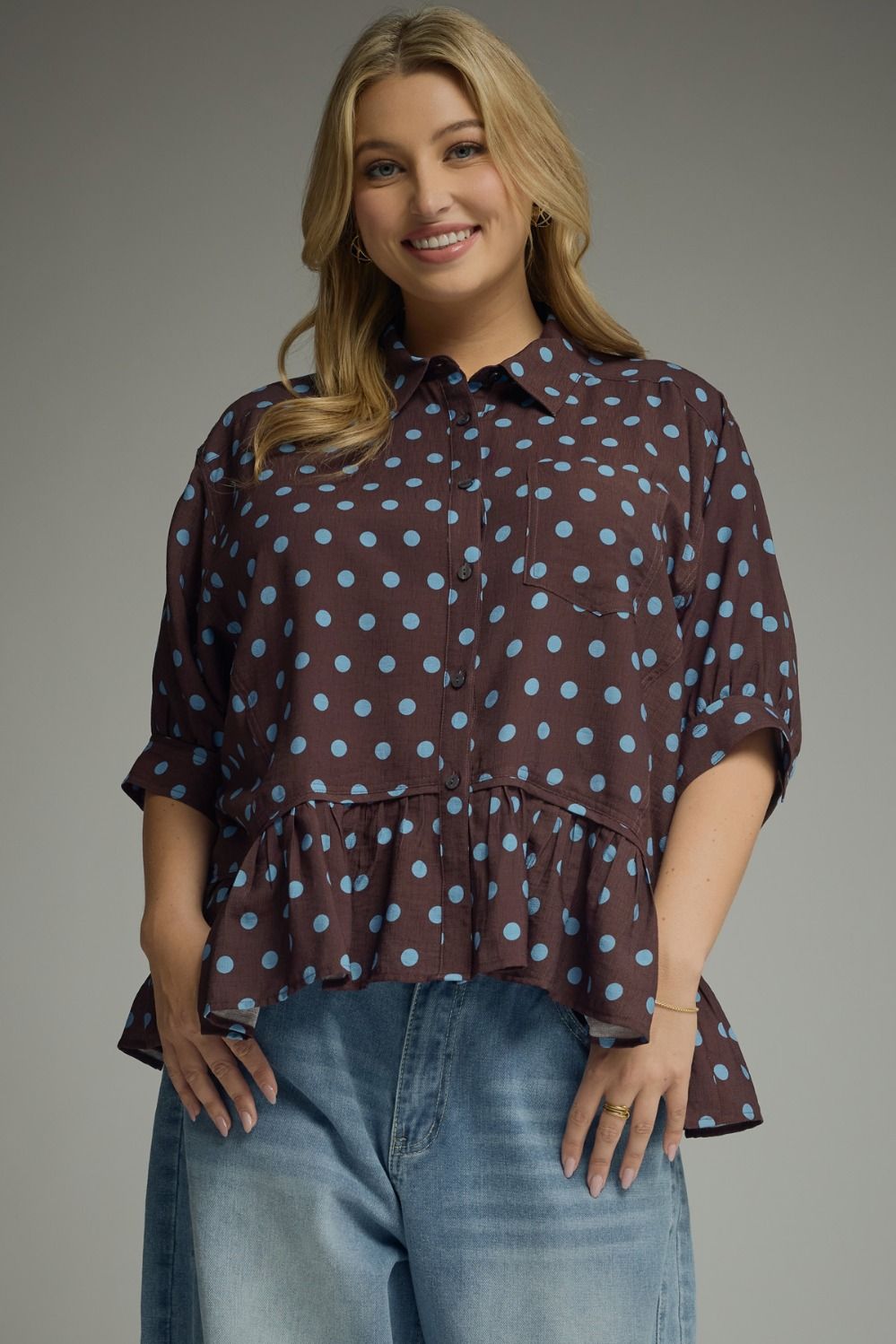 ENTRO Polka Dot Ruffle Hem Top In Brown PLUS Size