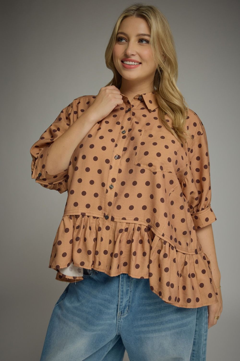 ENTRO Polka Dot Ruffle Hem Top In Camel PLUS Size
