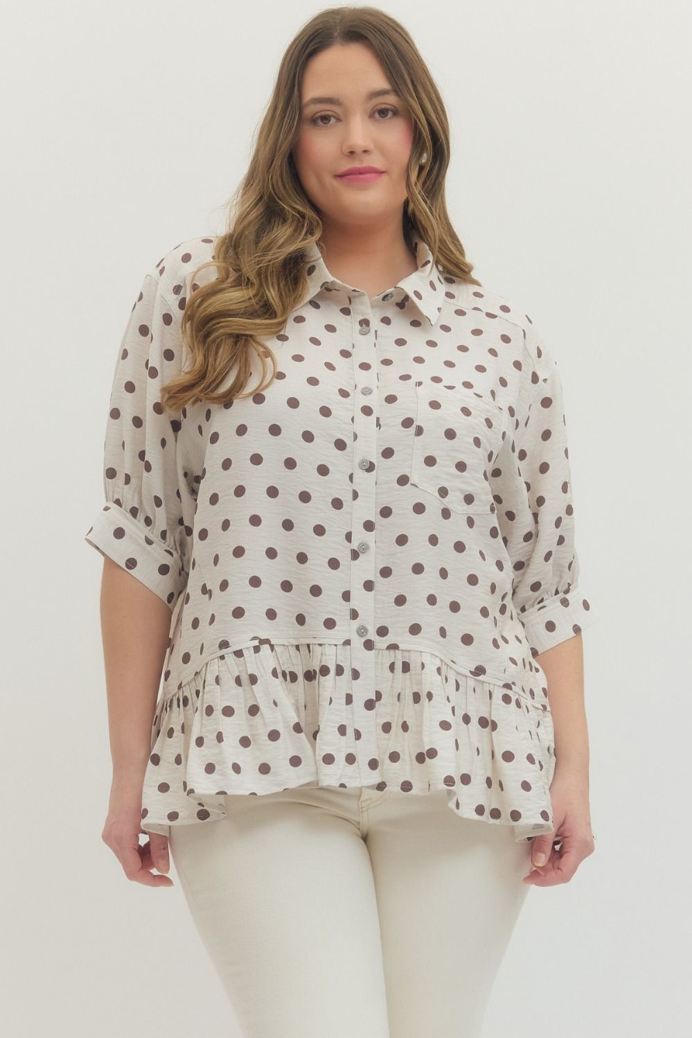 ENTRO Polka Dot Short Sleeve Ruffle Hem Top In Cream PLUS Size